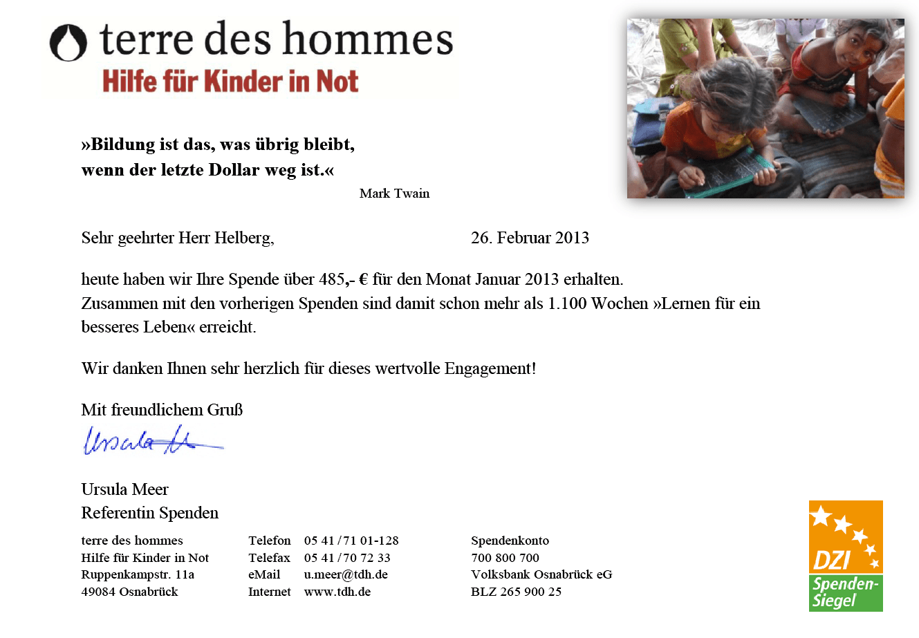 Spendenbestätigung von terre des hommes, Lernen für ein besseres Leben. Versicherungen mit Nebenwirkungen.