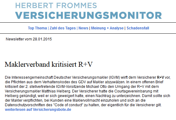 Herbert Frommes Versicherungsmonitor: "Maklerverband kritisiert R+V"