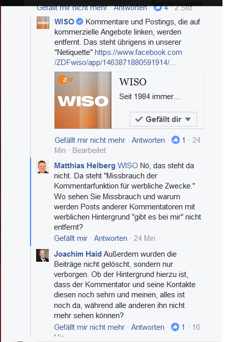 WISO zitiert eigene Netiquette falsch. Quelle: www.facebook.com/ZDFwiso