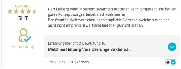 Kunde auf ProvenExpert: "Herr Helberg wirkt in seinem gesamten Auftreten sehr kompetent."