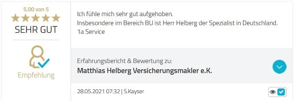 Kunde schreibt: "Insbesondere im Bereich BU ist Herr Helberg der Spezialist in Deutschland."
